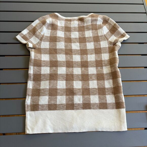 Madewell Sweater Women's 2XS Brown Cream Check Knitted Short Sleeve Square Neck - Picture 3 of 7
